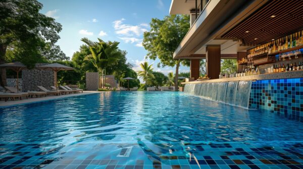 Piscine pool party de luxe avec un open bar